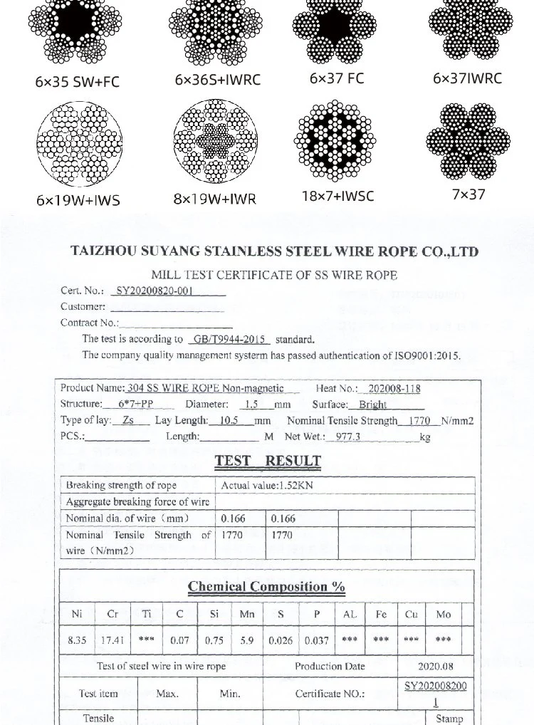 Various Models of Coated 304/316 Stainless Steel Wire Rope PVC-PE Nylon